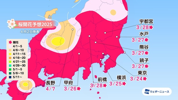 関東・甲信地方の桜開花予想(情報は2025年4月2日発表　ウェザーニューズ)